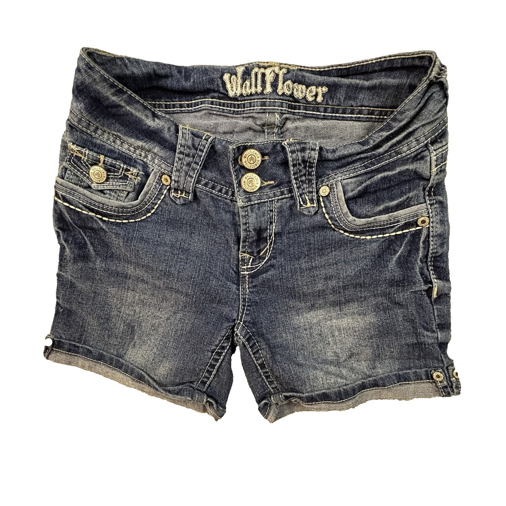 WallFlower Women's 1 (28.5x4.5) Blue Embroidered Cuffed Denim Shorts Y2K